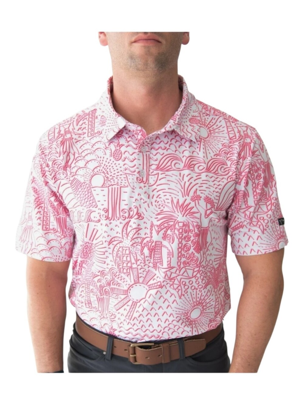 Yatta Golf Mens Pink Hawaiian Print Shaka Life Golf Polo Shirt Large